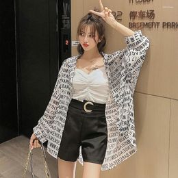 Women's Blouses Summer Thin Letter Printing Top Shirt Long Sleeve Polo Neck Loose All-match Cardigan Trend Casual Fashion Women Clothing