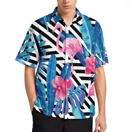 Men's Casual Shirts Flamingo Art Stripe And Leaf Print Beach Shirt Hawaiian Funny Blouses Men Graphic Plus Size