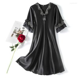 Women's Sleepwear Summer Thin Tinted Silk Pajamas With Ruffles And Fleeces Homewear Embroidered V-neck Loose Size Midlength Skirt