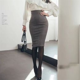 Skirts SUO CHAO S5XLPlus size 2023 Sexy Multi Pencil Skirt Womens Solid Colour High Waist Suede Sheath Back Split Midi Bodycon 230711