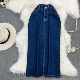 Skirts Korean Style Vintage Women Denim 2023 Summer Temperament High Waist Slim A-Line Slit Mid Long Female Jeans