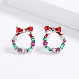 Stud Earrings High Quality For Women Green Red Stones Christmas Wreath Bow Party Gifts Fine Jewellery Handmade Enamel Memorial Gift