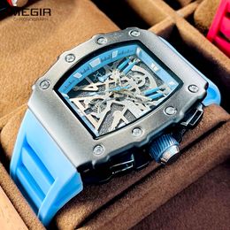 MEGIR Blue Watch Men Fashion Waterproof Lumious Tonneau Dial Chronograph Quartz Analogue Wristwatch with Silicone Straph Auto Date