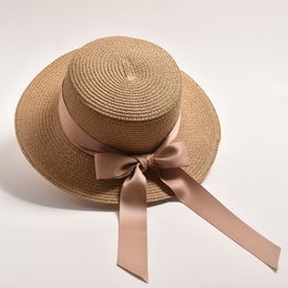 Summer Straw Hats for Women Flat Top Ribbon Bowknot Elegant Beach Sun Hat Travel Dress Cap Chapeau Femme