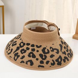 Wide Brim Hats 2023 Leopard Women Roll Up Sun Visor Straw Hat Summer Foldable Packable UV Protection Cap For Beach Travel Bonnet