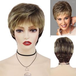 Synthetic Wigs GNIMEGIL For Women Short Blonde Mix Brown Layered Pixie Cut Hair Wig With Bangs Mommy Halloween Daily Female