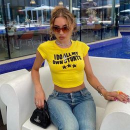 Women's T Shirts Fashion I DO ALL MY OWN STUNTS Letter Print T-shirts Sexy Ladies Casual Short Sleeve Crop Tees Streetwear Graphic Tops