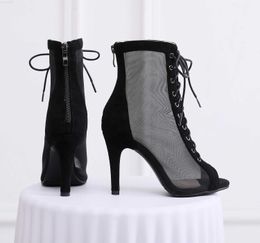 Boots Sgesvier Women Ankle Boots 2023 New Brand Black Flock Deep Satin Latin Lace-up Dancing High Heels Party Salsa Dance Shoes L230712