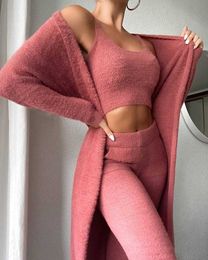 Women tracksuits 3 Piece Outfits Set Winter Sexy Fuzzy Fleece Long Cardigan Scoop Neck Crop Tank Top High Waist Pants Loungewear Set Y0625