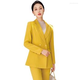 Women's Two Piece Pants Elegant Office Ladies Pant Suit Women Female Yellow Black Slim Blazer And Trouser Formal Business Work Wear 2 Set