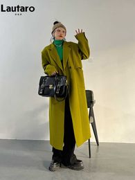 Women's Wool Blends Lautaro Spring Autumn Long Green Oversized Trench Coat for Women Single Button Loose Luxury Casual Overcoat Korean Fashion 2022 HKD230712