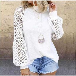 Women's Blouses Shirts T shirt Elegant Lace Long Sleeve Shirt Women Vintage Hollow Out O Neck Solid Tops Autumn Female Casual Tees Top TShirt L230712