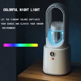 Electric Fans Newest Electric Bladeless Fan Water Mist Fan 2200mAh Wireless Rechargeable Fan Desktop Fan Air Cooler With Night Light