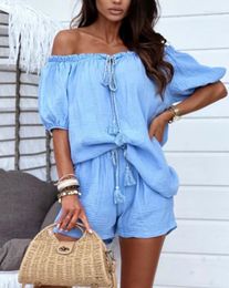 Women's Tracksuits Off Shoulder Top & Frill Hem High Waist Shorts Set For Summer Ladies Fashion Plain Casual Two Piece Suit Outfit 2023