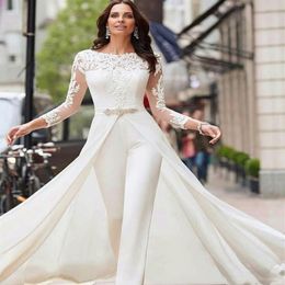 Elegant Long Sleeves Lace 2022 Wedding Dresses Jumpsuit Chiffon Applique Ruched Sweep Train Wedding Bridal Gowns robe de mariee236T