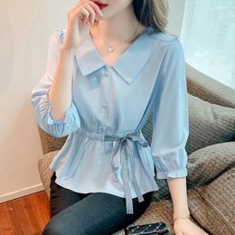 Women's Blouses Tie Shirts And Korean Japan Style Elegant Youth Woman Solid Ladies Tops 2023 Summer Office Lady Shirt