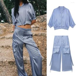 Women's Two Piece Pants UNIZERA Summer Wear Silk Satin Texture Short Bomber Jacket High Waist Drape Overalls Two-piece Set 3472309