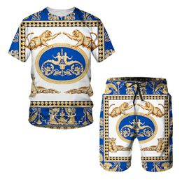 Mens Tracksuits Summer Golden Lion Statue Pattern 3D Print Blue T ShirtShortsSuit Baroque Style Sleeve Tracksuit Hip Hop Streetwear Set 230712