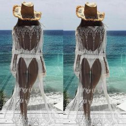 Women's Swimwear Summer Women Sarong Lace Maxi Bikini Cover Up Pareo white beach dress Long Chiffon See Through Crochet Cardigan robe de plage 230713