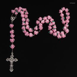 Pendant Necklaces 10mm Soft Clay Luxury Rose Rosary Necklace Blessing Cross Mary Guadalupe Prayer