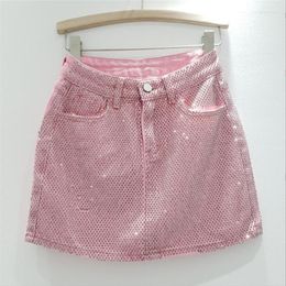 Skirts Diamond Jean Mini Skirt Women 2023 Summer Woman Pink Denim Pantskirt High Waisted Slimming Hip-Wrapped P1005