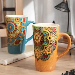 Mugs Traditional Style Mug Sun Flower Art Pattern Ceramic Mugs 500ml Larger Capacity Coffee Milk Breakfast Cup Creative Gift Cups R230713