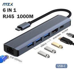 Power Cable Plug MZX 6 in 1 1000Mbps RJ45 Ethernet Docking Station 4K Compatible USB Hub 3 0 Type C 3 0 Concentrator Adapter Splitter Dock 230712