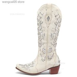 Boots BONJOMARISA Women Cowboy Knee High Boots Glitter Sequined Design Autumn Embroidery Slip On Cowgirls Western Shoes Big Size 43 T230713