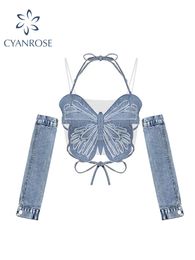 Women s Tanks Cami Sexy Crop Top Off Shoulder Removable Sleeves Y2k Tank 90s Vintage Streetwear Fashion Bandage Butterfly Tube Summer 230713