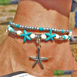 Anklets Vintage Shell Beads Starfish Anklet Ladies New Mti-Layer Bracelet Legs Ankle Handmade Bohemian Jewelry Sandals Gifts Drop Del Dhutt