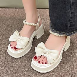 Sandals Fashion Bowknot Chunky Platform Sandals Women Pearl Ankle Strap Thick Heel Sandles Woman Summer Thick Sole Buckle Middle Heels 230713