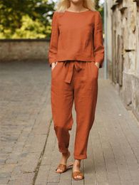 Women's Two Piece Pants Casual Elegant Ladies 2 Sets 2023 Fashion Spring Cotton Linen Solid Suit Long Sleeve Top Loose Set