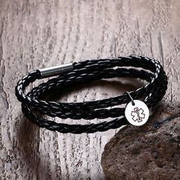 Charm Bracelets Stainless Steel Black Wrap Leather Alert ID Bracelet Free Custom