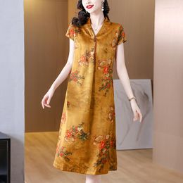 Casual Dresses Mother Dress Silk Skirt Female 2023 Summer Style V-neck Short Sleeve Large Size