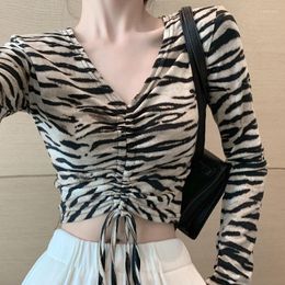 Women's T Shirts Y2k Tops V-neck Zebra Stripes Long Sleeve T-shirt Spring 2023 Versatile Sexy Slim Chic Top Women Undershirt Cropped