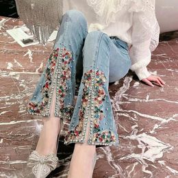 Women's Jeans Luxury Women Diamonds Beaded Flare Spring Sweet Rhinestone Denim Pants Colourful Crystals Split Bootcut Trousers