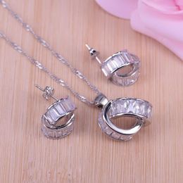 Necklace Earrings Set Dubai Style White Cubic Zircon Silver Color Jewelry Hoop Earrings-necklace Pendant For Women Unique Design Pretty Gift