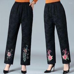 Women's Pants Middle Aged Elderly Embroidery Trousers Warm Fashion Mother Velvet Mother's Elastic Waist Stretch Pant L150