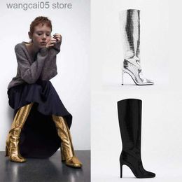 Boots Golden Mirror Stiletto Heel Pointed Toe Mid Boots Women Winter Sexy Fashion Patent Leather Slim Fit Plus Size Boots Botas Mujer T230713