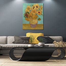 Canvas Artwork Vase with Twelve Sunflowers Green Vincent Van Gogh Painting Handmade Impressionist Landscape Art for Dining Room