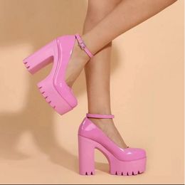 Dress Shoes Pink Stubby Heel Shoulder Belt Pump Sweet Platform Square Heel Women's High Heel Pump Platform Shoes Spring Women's Shoes 230713