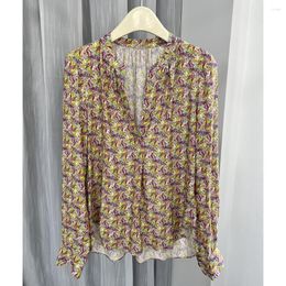 Women's Blouses ZESSAM Yellow Flower Graphic Print Women Shirt V-Neck Long Sleeve Button Pullover Vintage Classic Casual Lady Top 2023