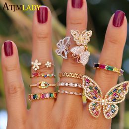 Wedding Rings rainbow Colourful cz paved cute animal butterfly finger ring pastel Colour Open adjustable women Knuckle midi resizable Jewellery 230713