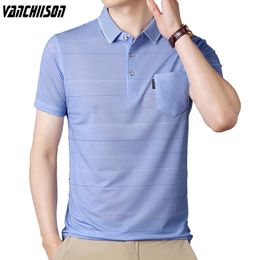 Men's Polos Middle-age Summer Tops Short Sleeve Smooth Polo Shirt Stripes Casual 95% Polyester Male Fashion Clothing Pocket 00518905 230713