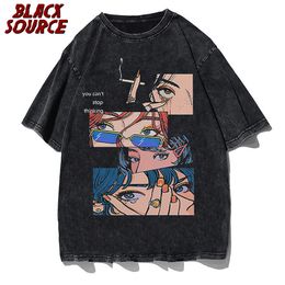 Men's T-Shirts Men's T-shirt Black Harajuku Hip Hop Casual Loose T-shirt Street Clothing Japanese Anime Cartoon Print Vintage Y2K Clothing Top 230713