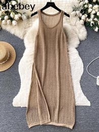 Casual Dresses 2023 Vintage Knitted Split Dress Women Sleeveless O Neck Hook Flower Hollow Design Summer Sexy Slim