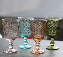 48pcs/carton European Vintage Wine Glasses Embossed Stained Goblet 7 Colours Beer Glass Cup GG0920