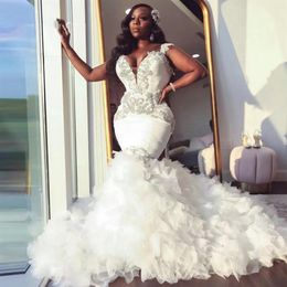 African Mermaid Wedding Dress Sweetheart Ruffle Royal Train Black Bride Dress Beading Formal Bridal Gown Plus Size Pageant250z