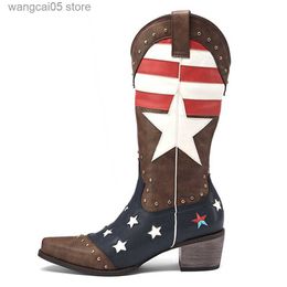Boots Vintage Cowboy cowgirls western mid calf boots women Chunky Heel Slip On Retro Brand Ridding casual studded Women shoes T230713