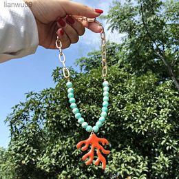 SAY Fashion Beads Green Stones Chain Necklace Alloy Coral Charm Pendant Female Handmade Collar Collier Jewelry L230704